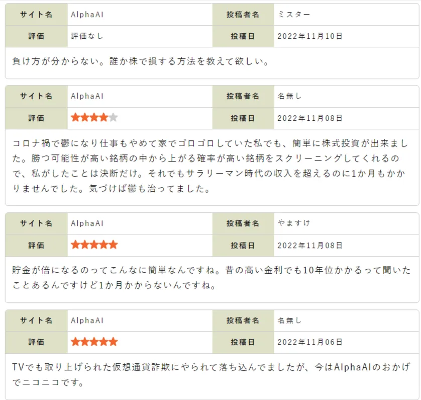 AlphaAIの不自然な口コミ